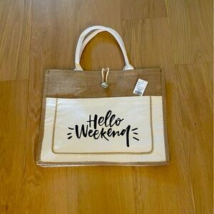 Tote. NWT. Burlap and white. Hello Weekend!